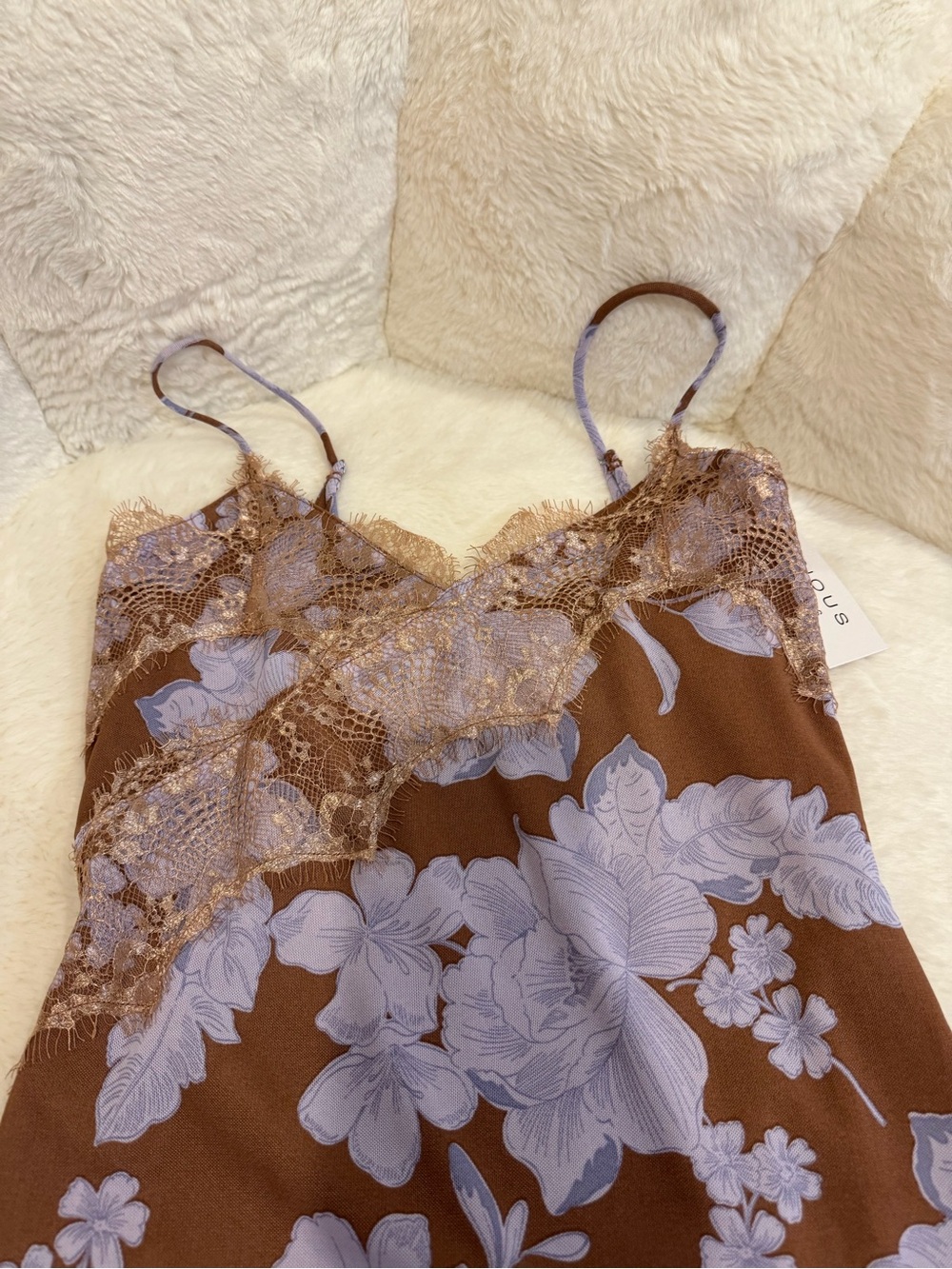 Women’s Lace Trim Floral Slip Dress — Brown & Lilac - Picture 2 of 5